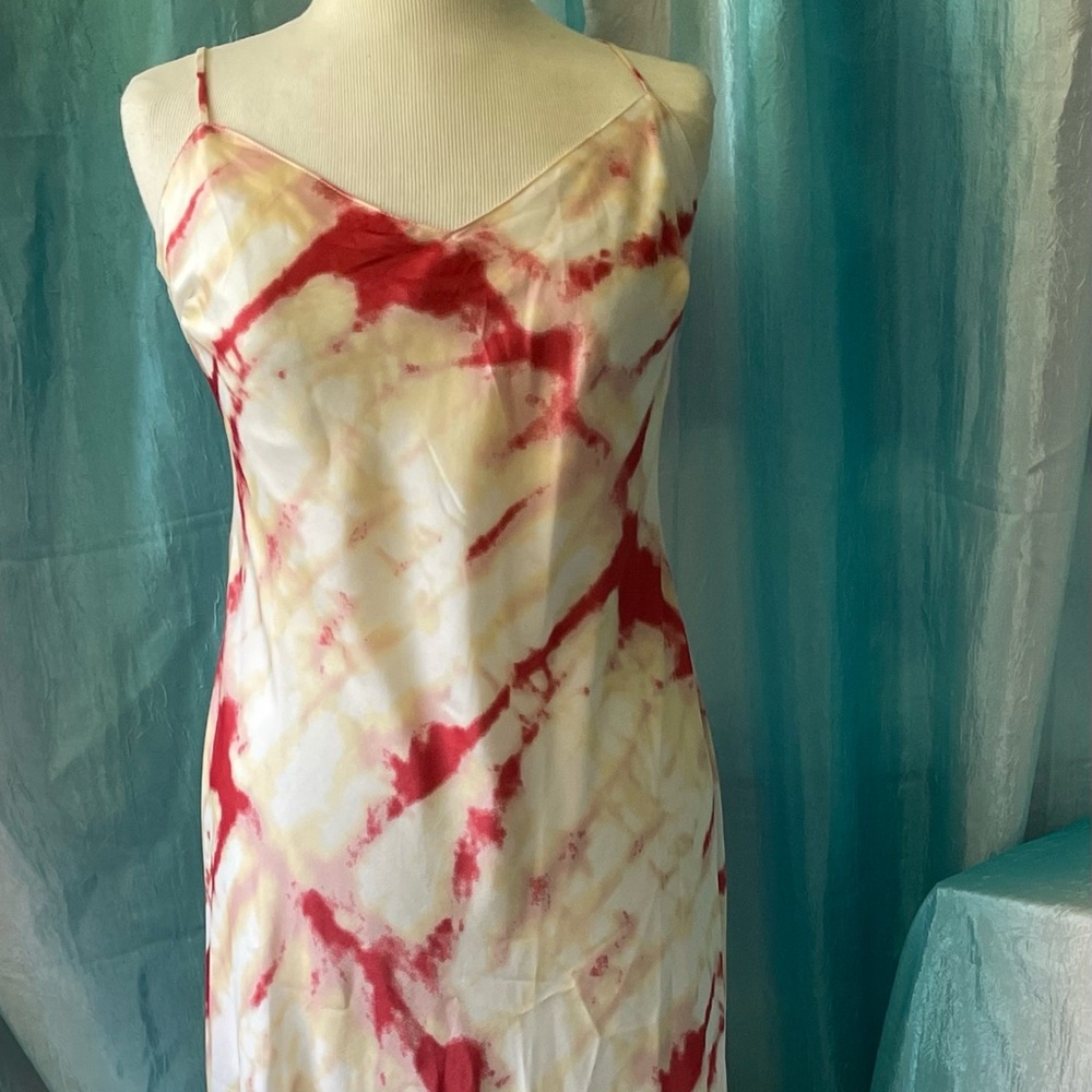 Maxi, satin light tie-dye, pink and yellow strap dress